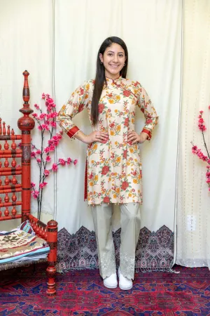 Linen Orange Floral Chinese Style Shirt
