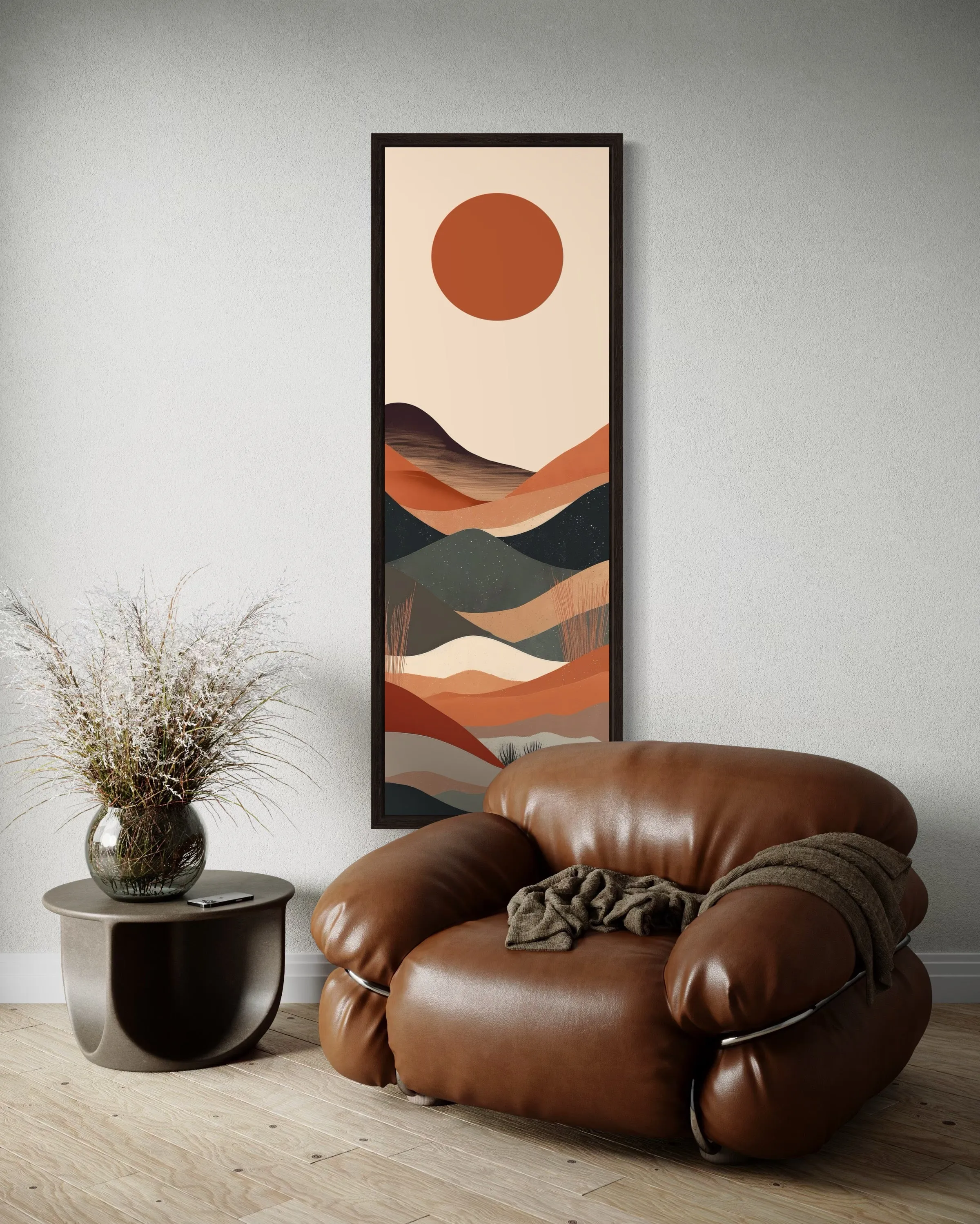 Long Narrow Boho Minimalist Desert Neutral Vertical Framed Canvas Wall Art