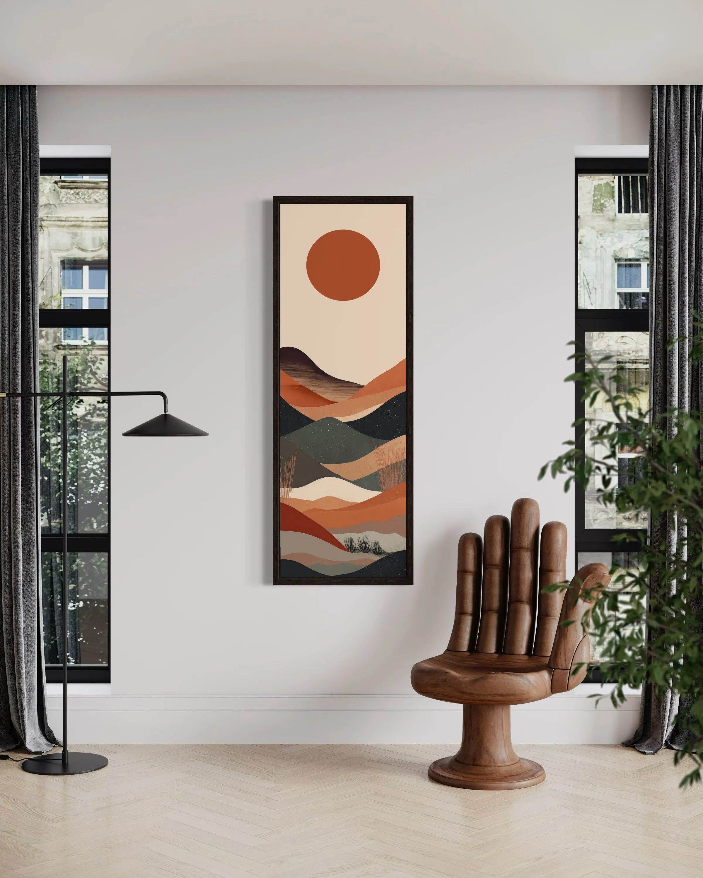 Long Narrow Boho Minimalist Desert Neutral Vertical Framed Canvas Wall Art