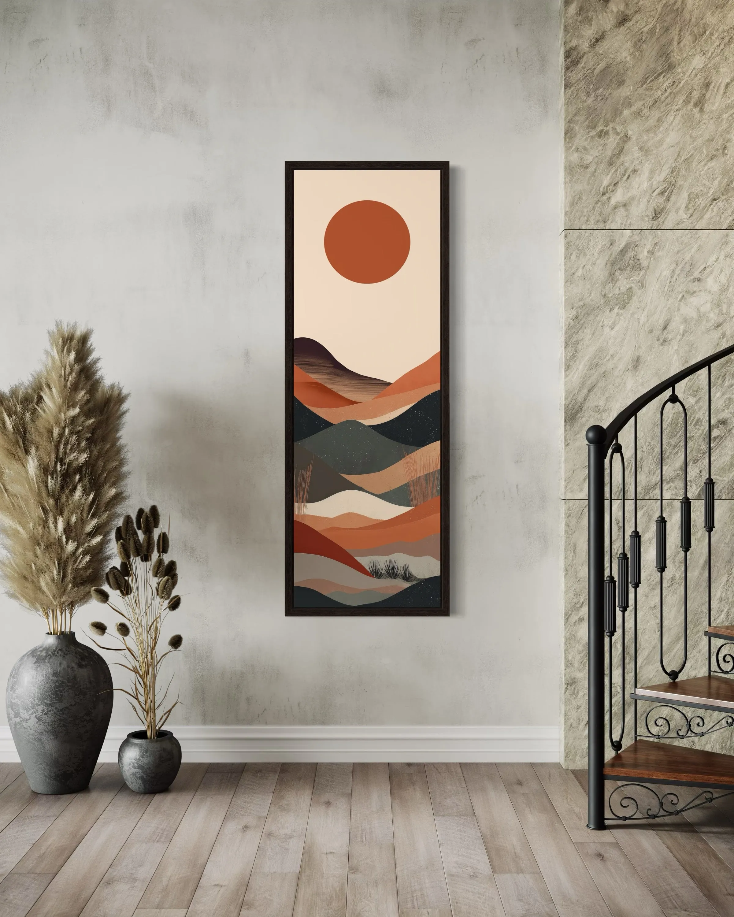 Long Narrow Boho Minimalist Desert Neutral Vertical Framed Canvas Wall Art