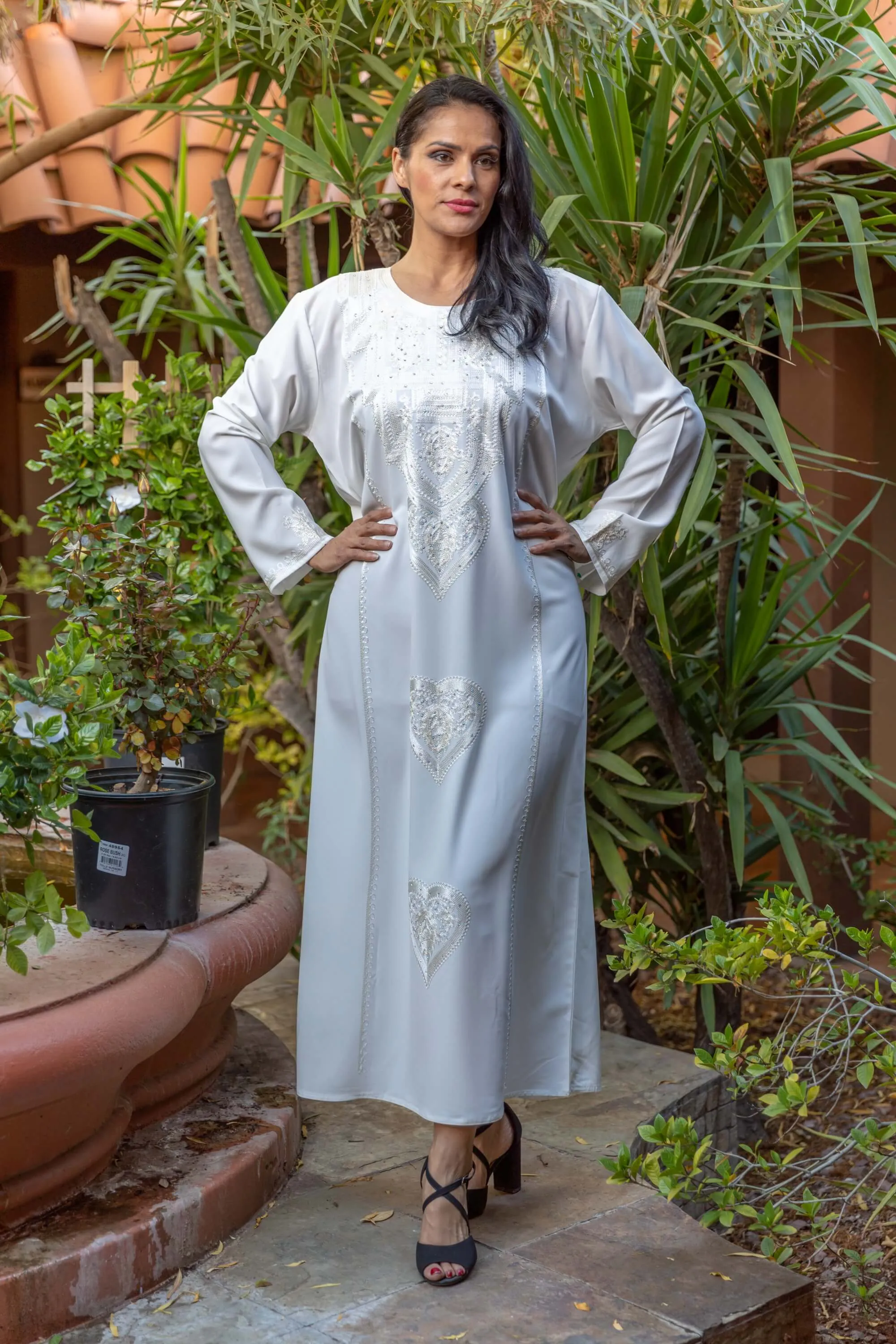 Long White Embroidery Georgette Abaya Dress