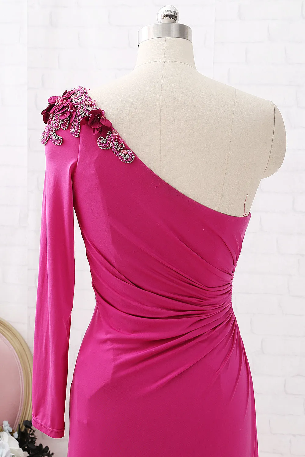 MACloth One Shoulder Long Sleeves Jersey Maxi Prom Dress Fuchsia Formal Evening Gown