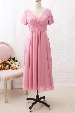 MACloth Short Sleeves V Neck Chiffon Rose Tea Length Mother of the Brides Dress