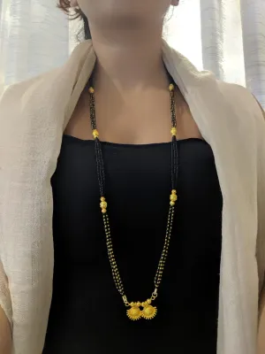 Maharashtrian Long Mangalsutra Designs Fancy Vati Pendant Layered Gold And Black Beads Chain