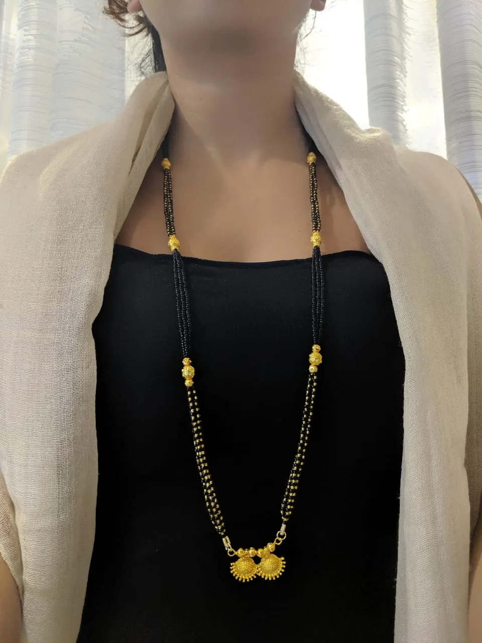 Maharashtrian Long Mangalsutra Designs Fancy Vati Pendant Layered Gold And Black Beads Chain