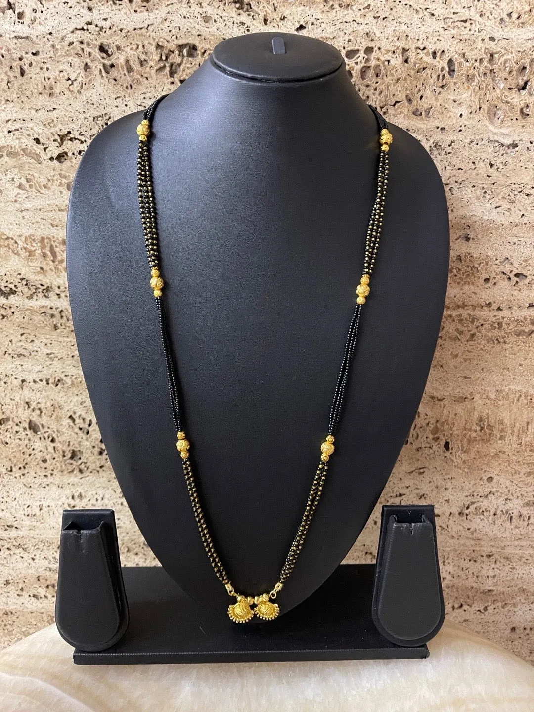 Maharashtrian Long Mangalsutra Designs Fancy Vati Pendant Layered Gold And Black Beads Chain
