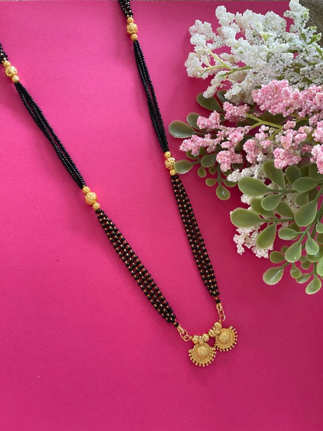 Maharashtrian Long Mangalsutra Designs Fancy Vati Pendant Layered Gold And Black Beads Chain