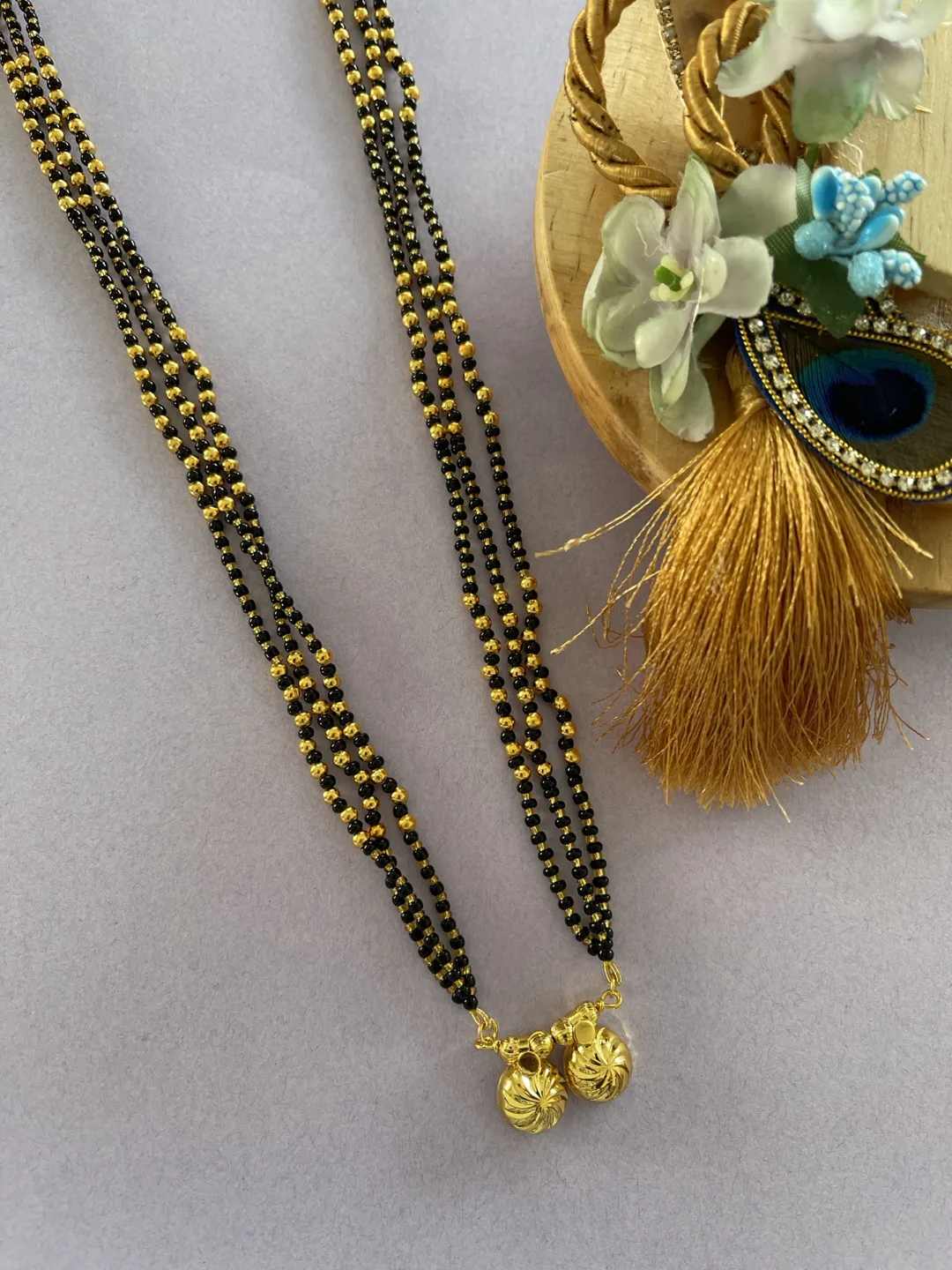 Maharashtrian Style Long Mangalsutra Vati Designs Simple 3 Line Gold And Black Beads Chain