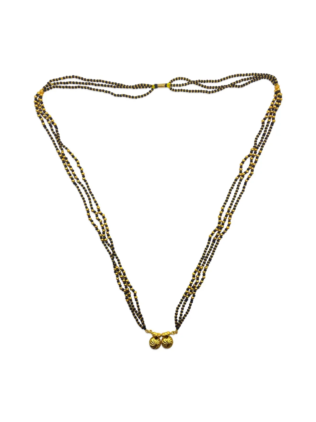 Maharashtrian Style Long Mangalsutra Vati Designs Simple 3 Line Gold And Black Beads Chain