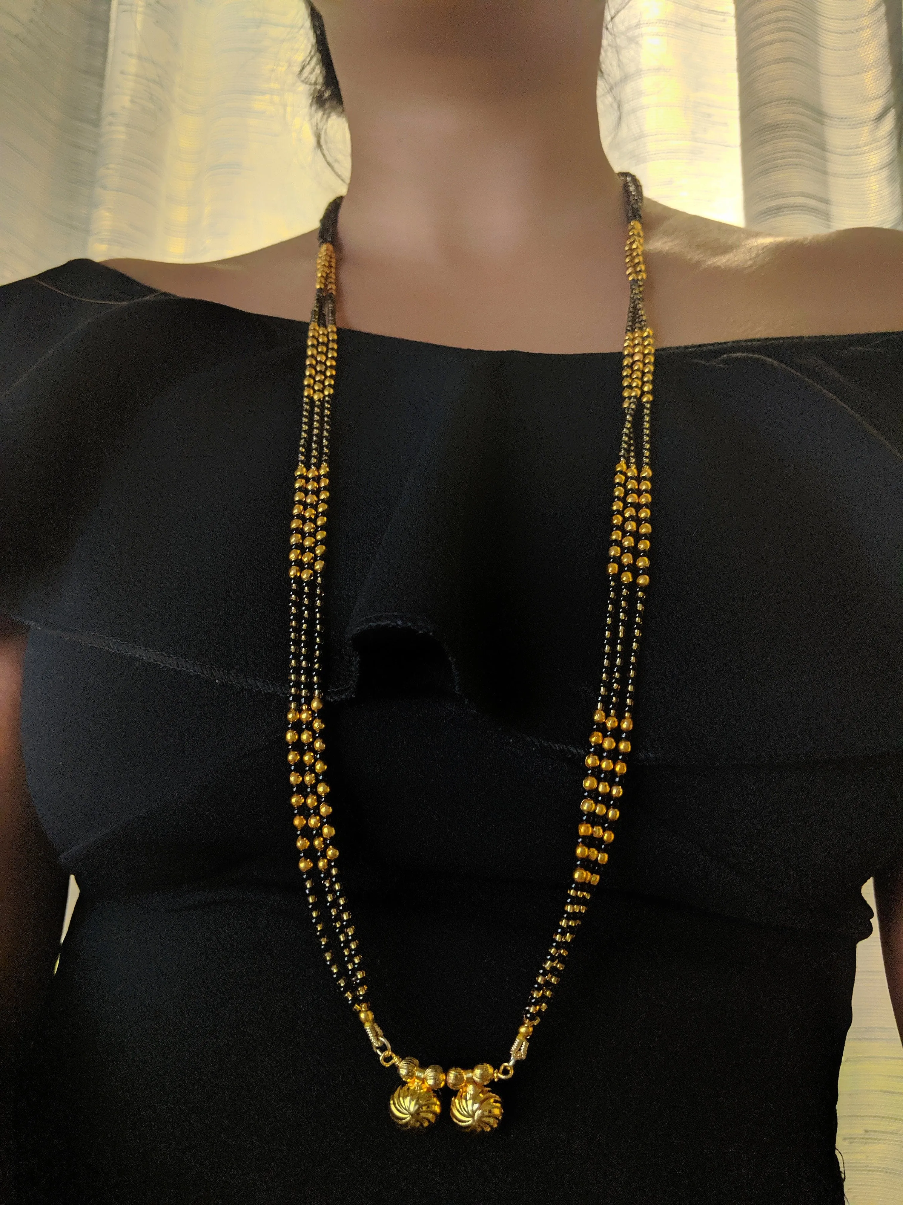 Maharashtrian Style Long Mangalsutra Vati Designs Simple 3 Line Gold And Black Beads Chain