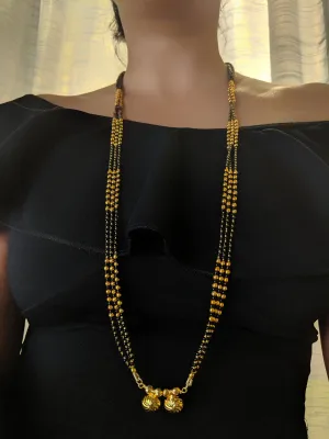 Maharashtrian Style Long Mangalsutra Vati Designs Simple 3 Line Gold And Black Beads Chain