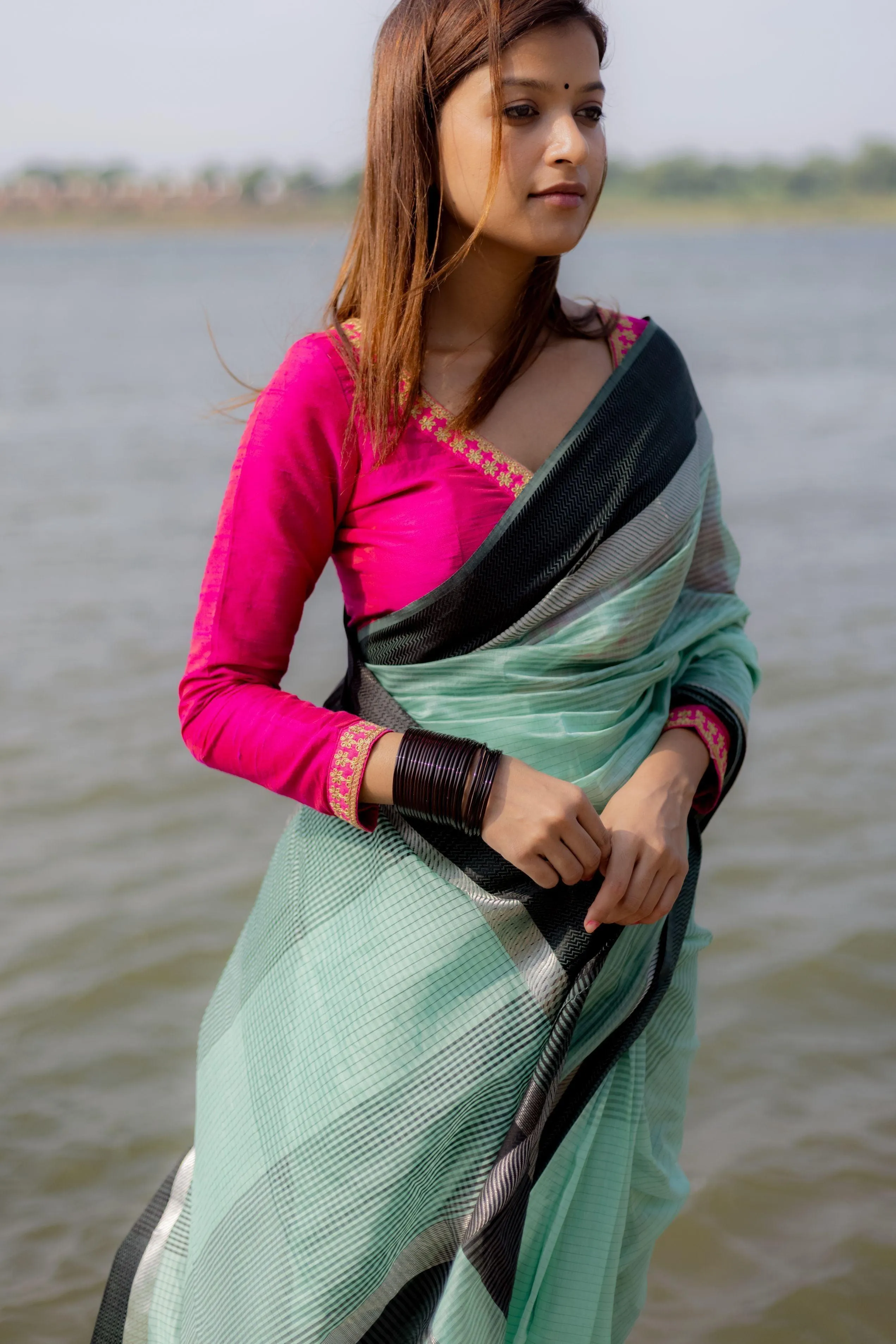 Maheswari Handloom saree - Seher - Light grren zari