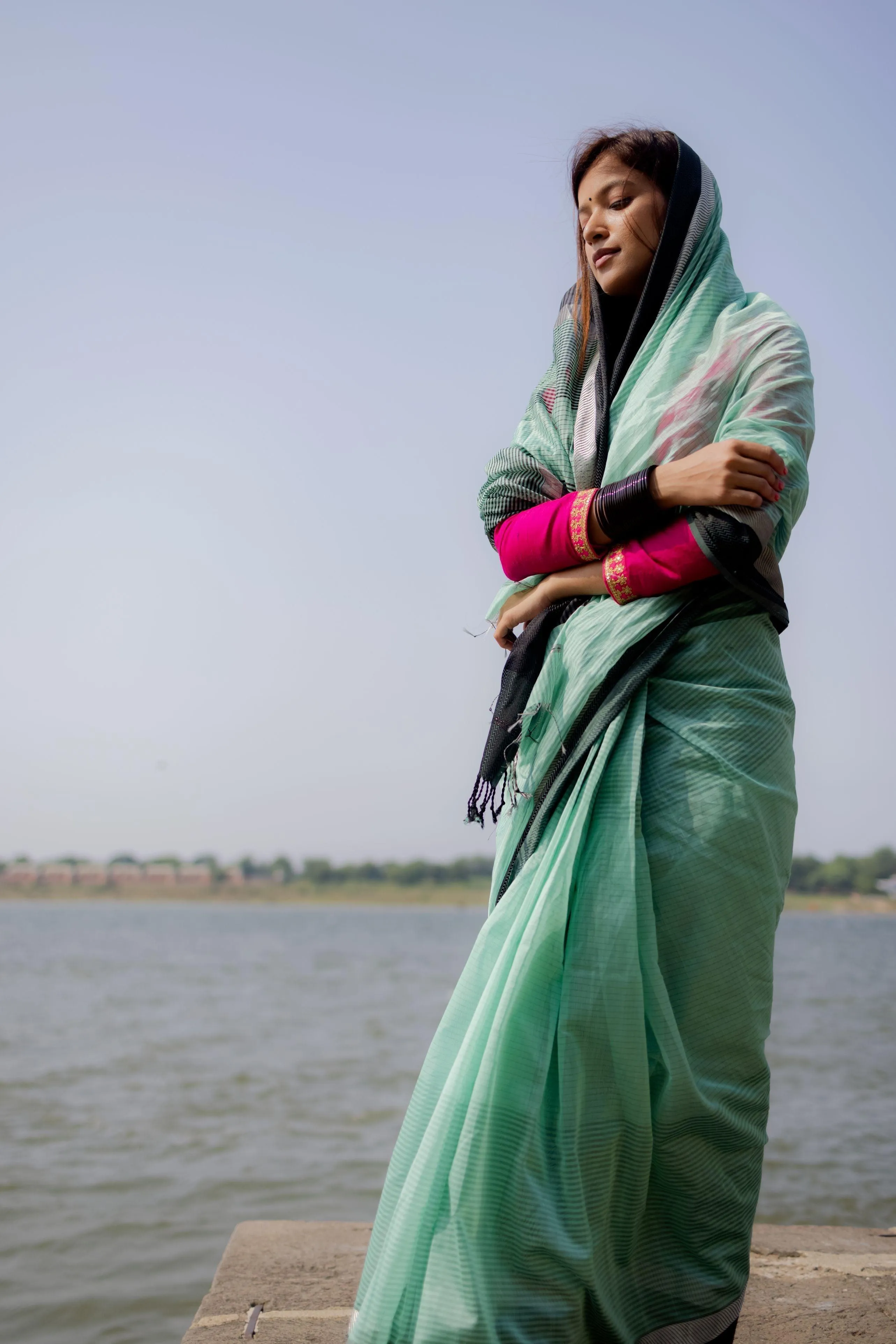 Maheswari Handloom saree - Seher - Light grren zari