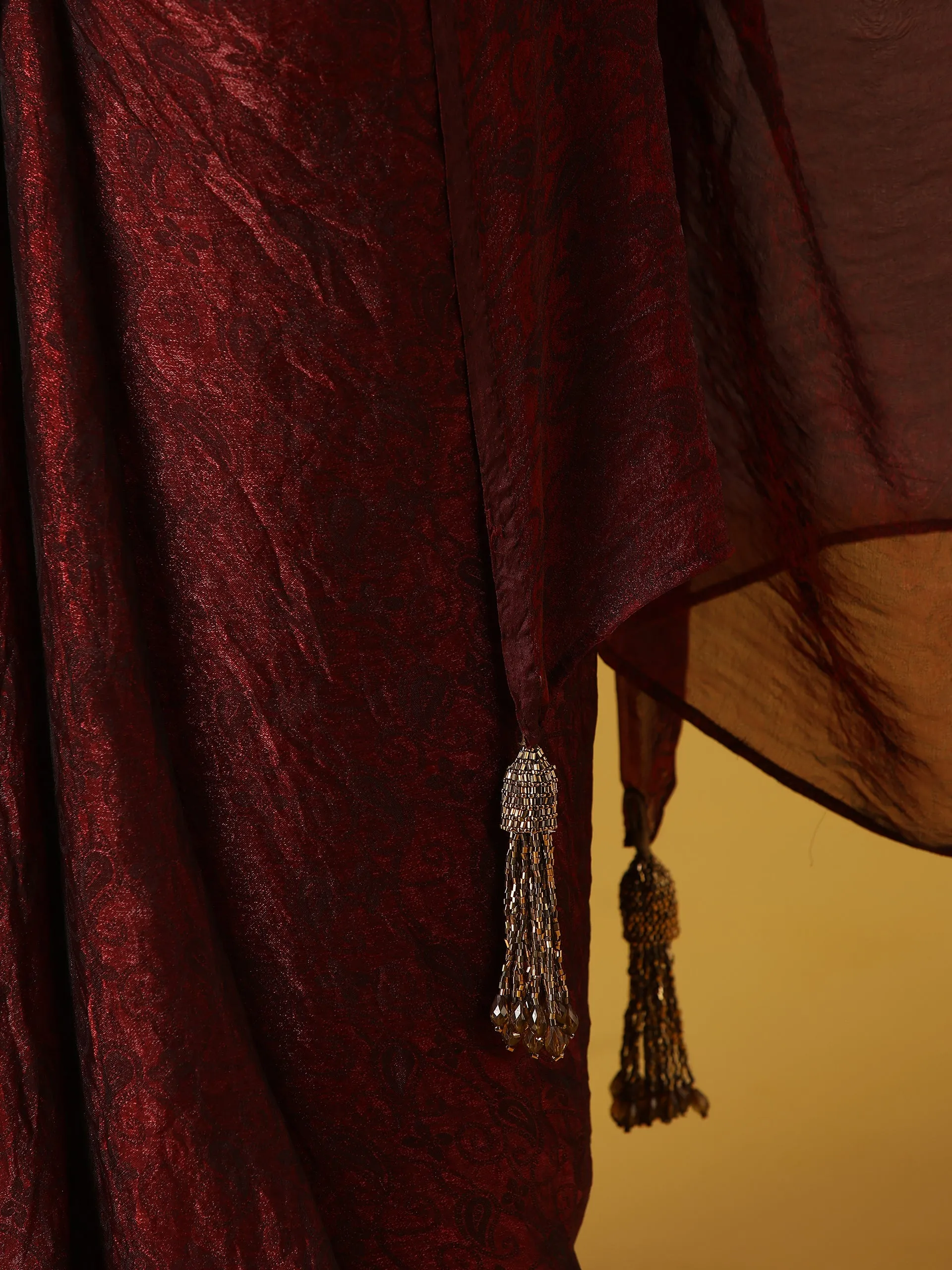 Majestic Maroon Paisley Chiffon Saree with Bronze Long Pendants with Blouse Fabric