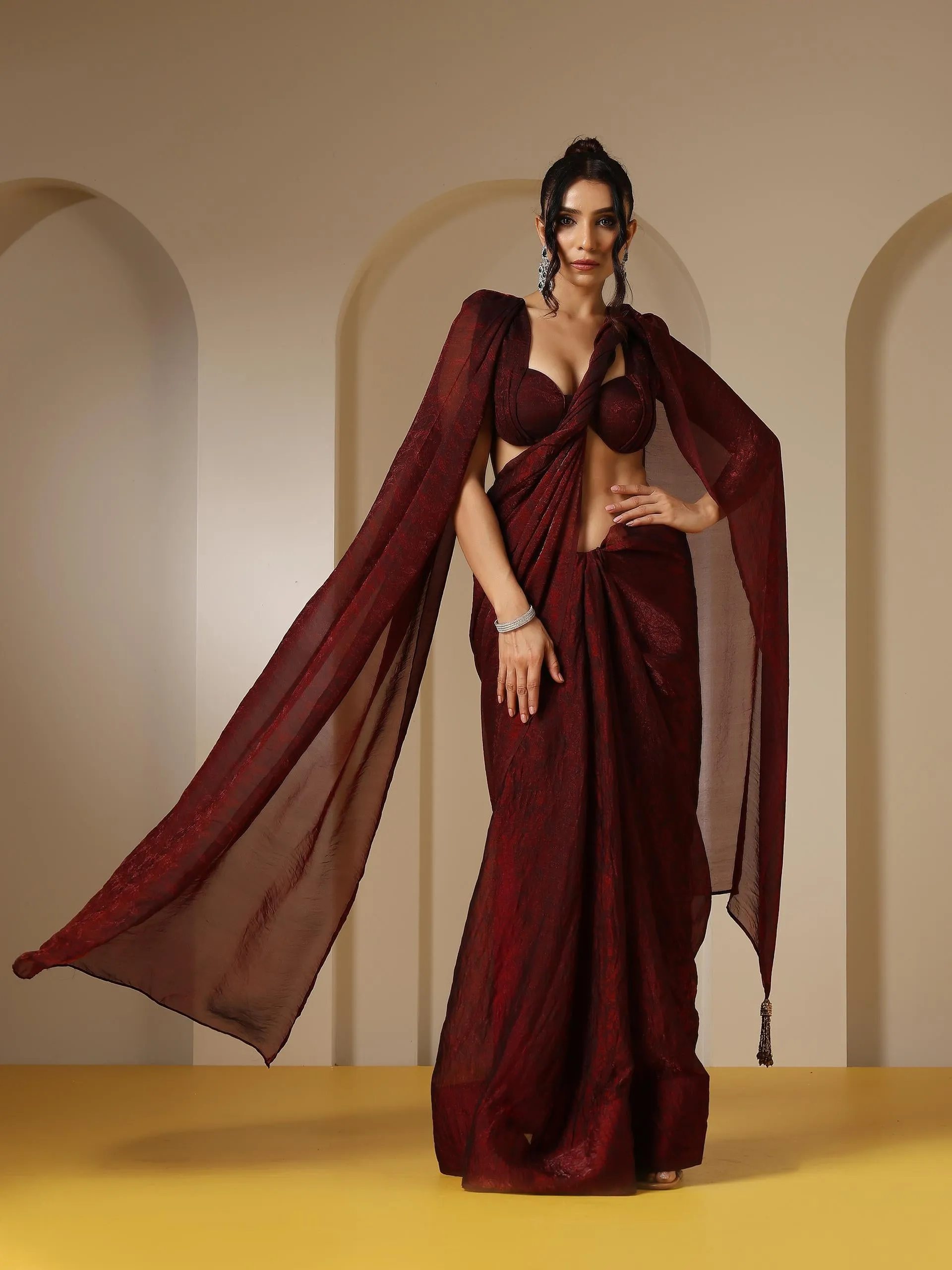 Majestic Maroon Paisley Chiffon Saree with Bronze Long Pendants with Blouse Fabric