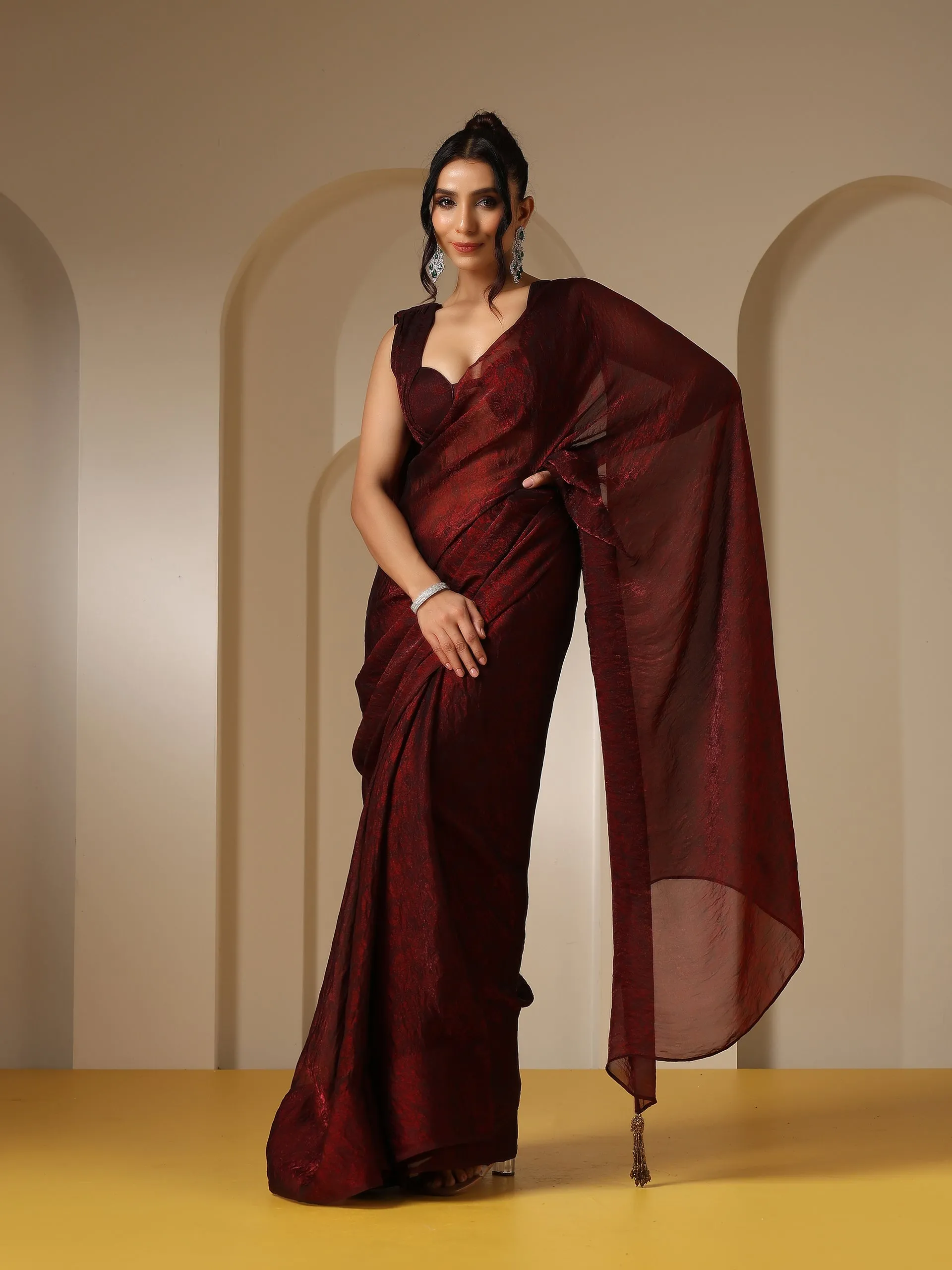 Majestic Maroon Paisley Chiffon Saree with Bronze Long Pendants with Blouse Fabric