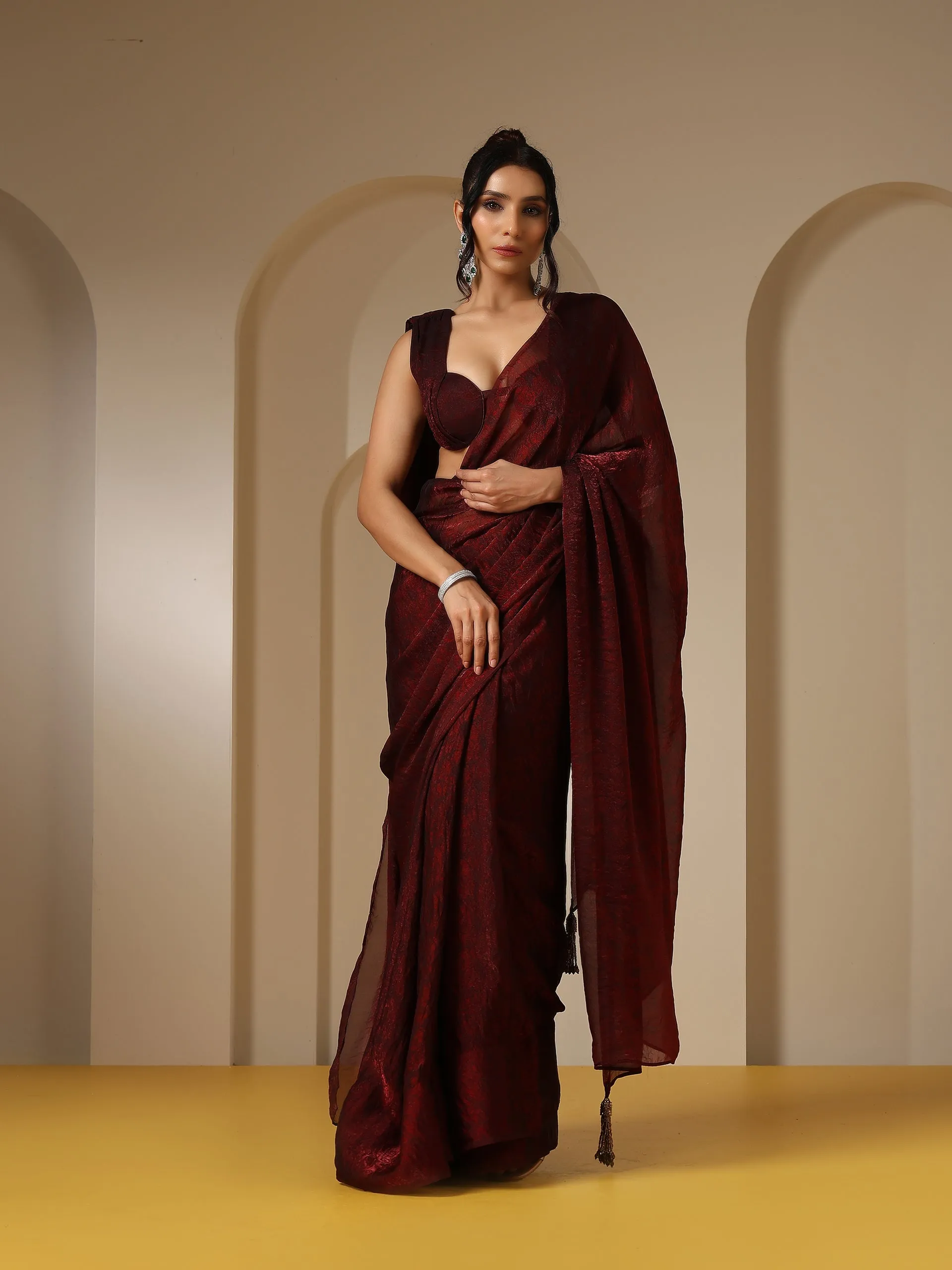 Majestic Maroon Paisley Chiffon Saree with Bronze Long Pendants with Blouse Fabric