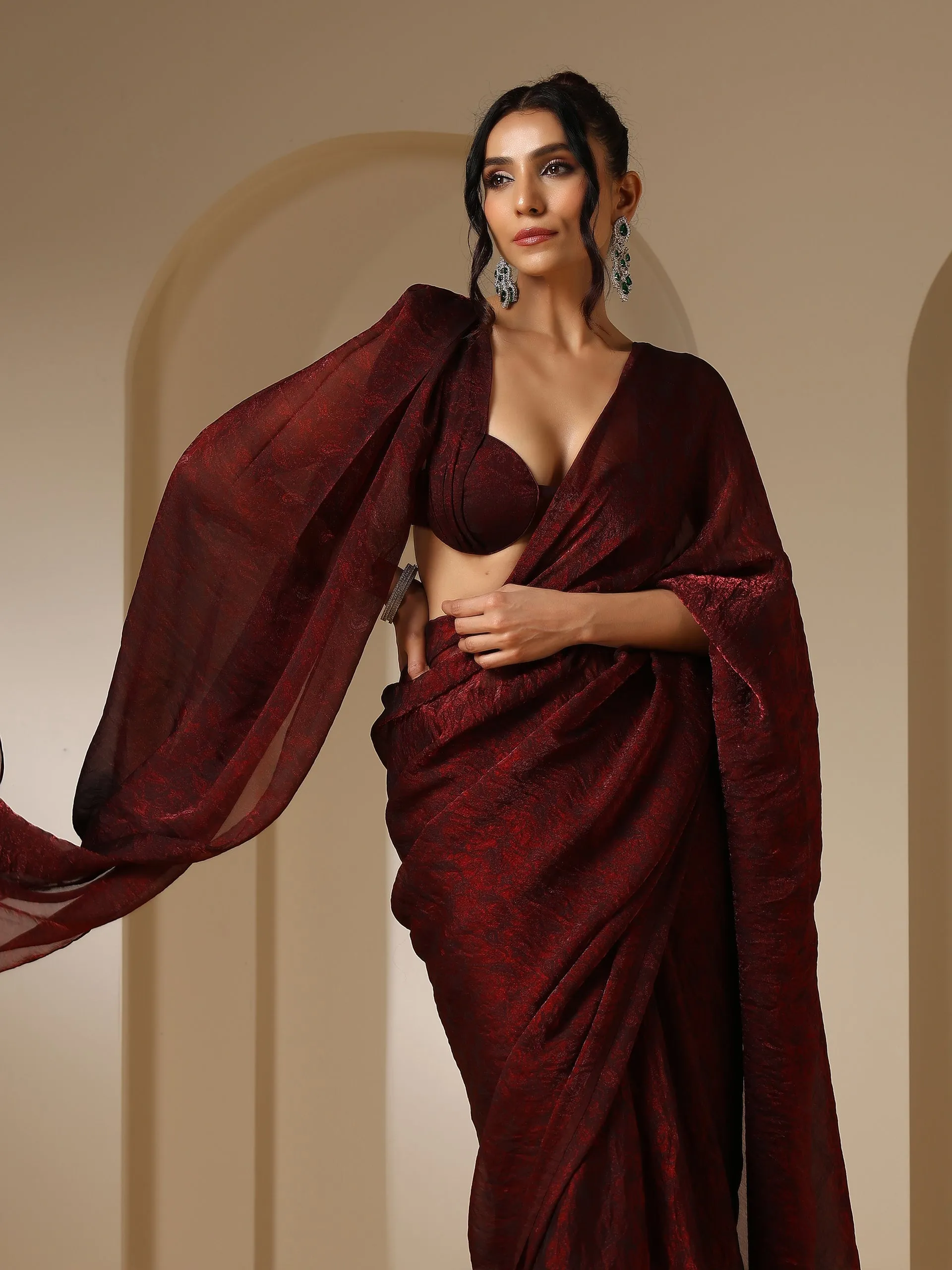 Majestic Maroon Paisley Chiffon Saree with Bronze Long Pendants with Blouse Fabric