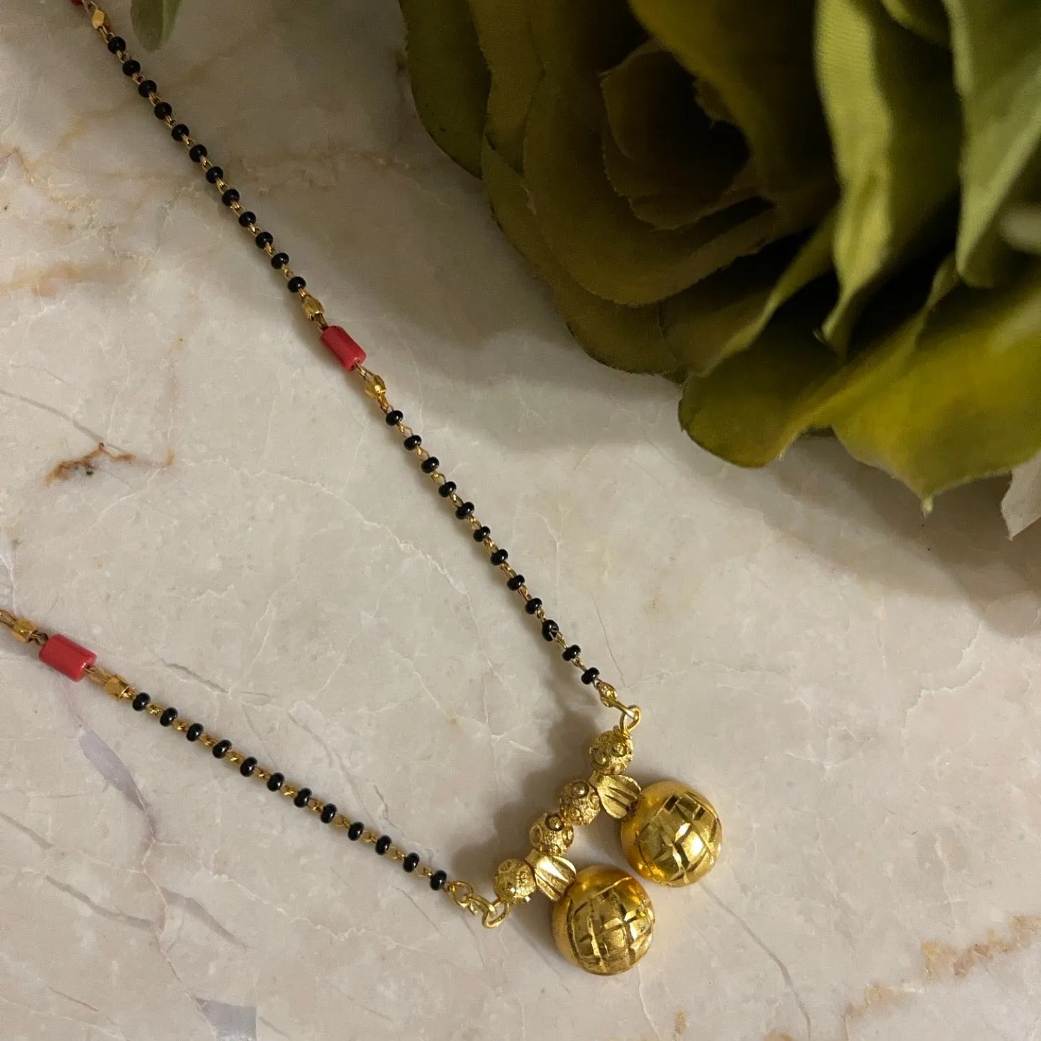 Marathi Style Long Vati Mangalsutra Designs Gold Plated Simple Red And Black Beads Chain