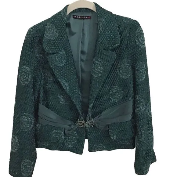 Marisa K Textured Shimmer Evening Crop Jacket Teal Size Small