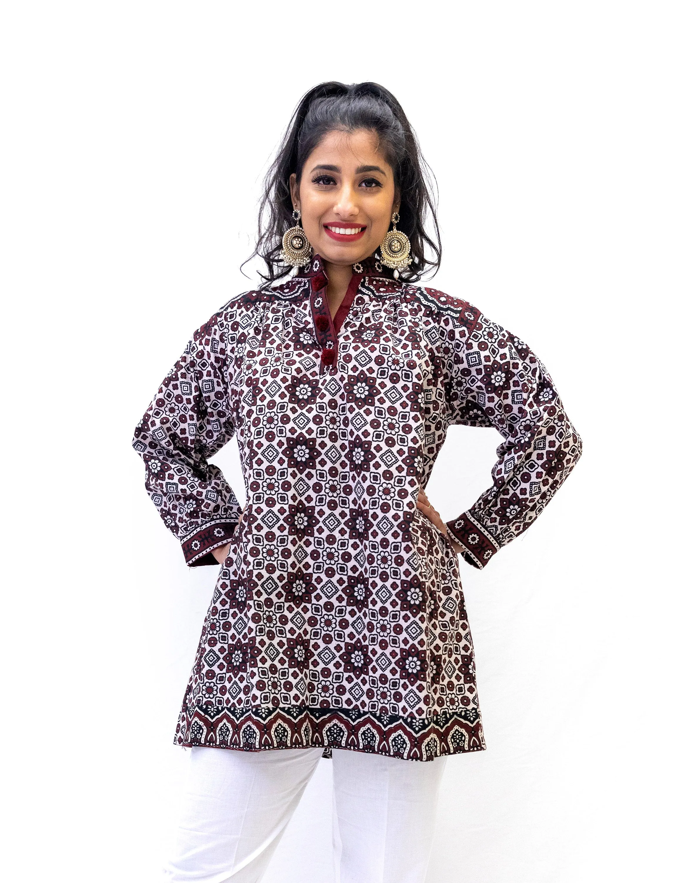 Maroon & White Cotton Kurti - Shirt