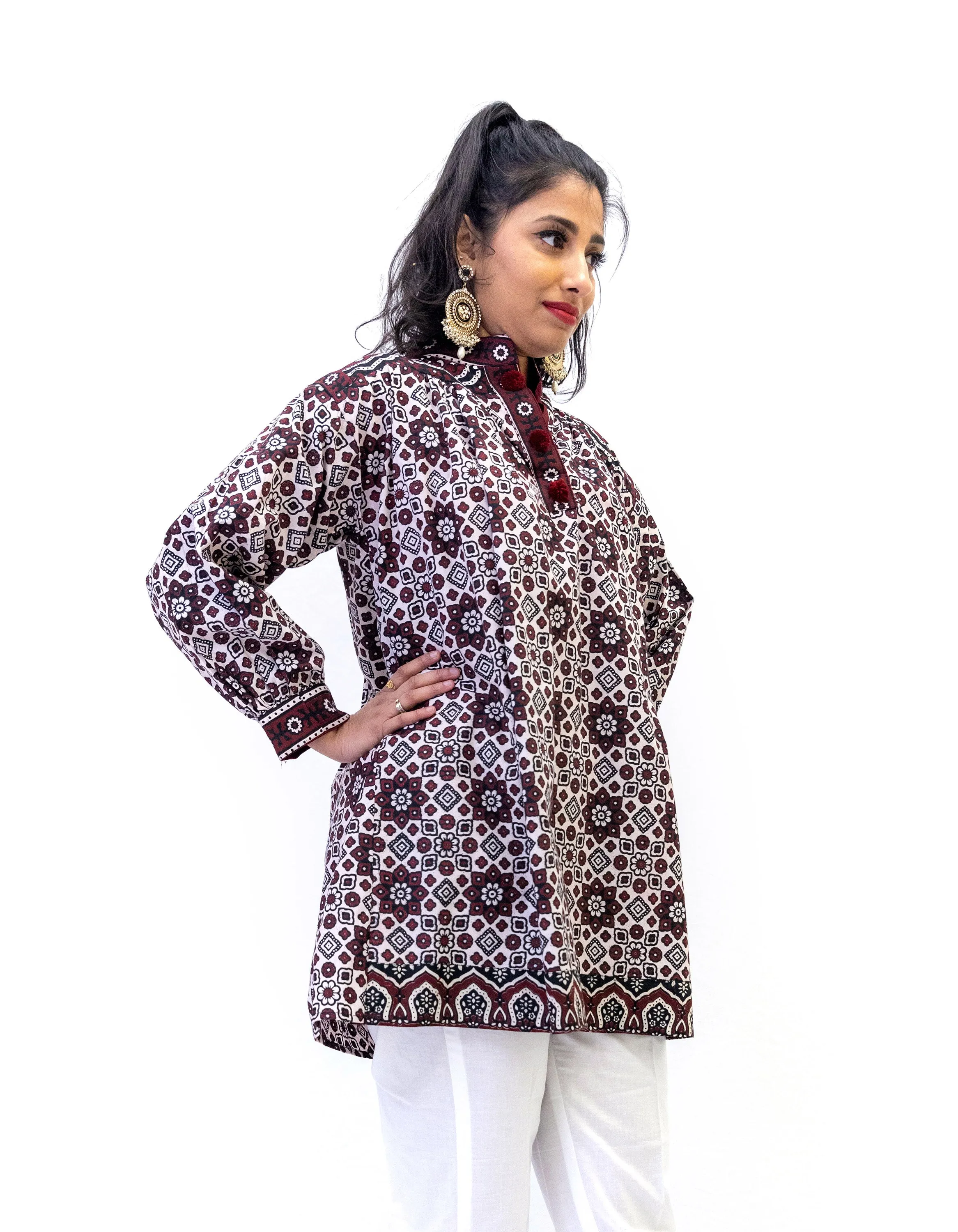 Maroon & White Cotton Kurti - Shirt