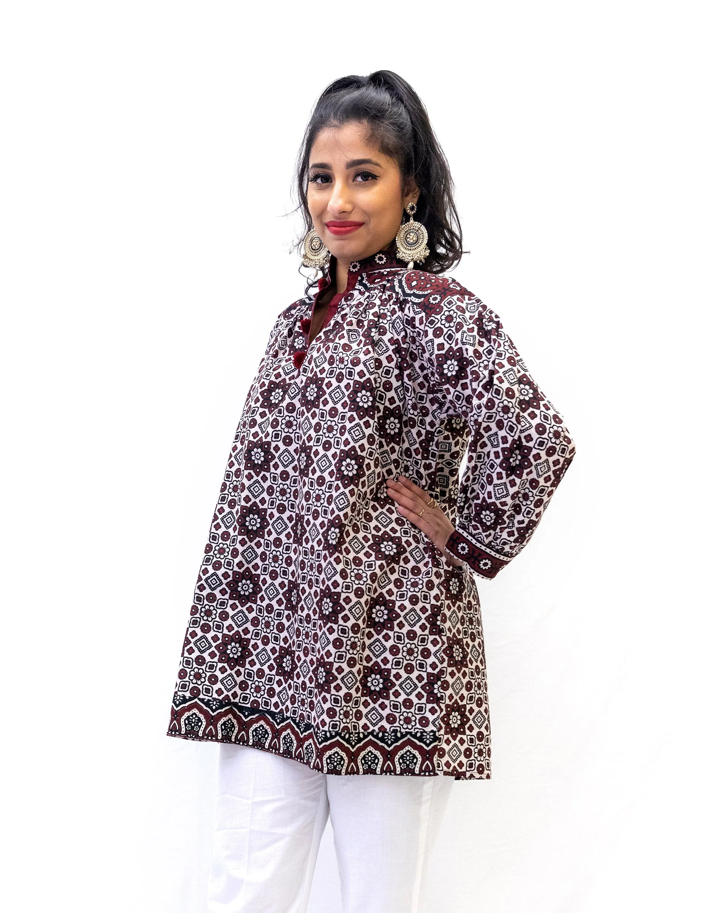 Maroon & White Cotton Kurti - Shirt