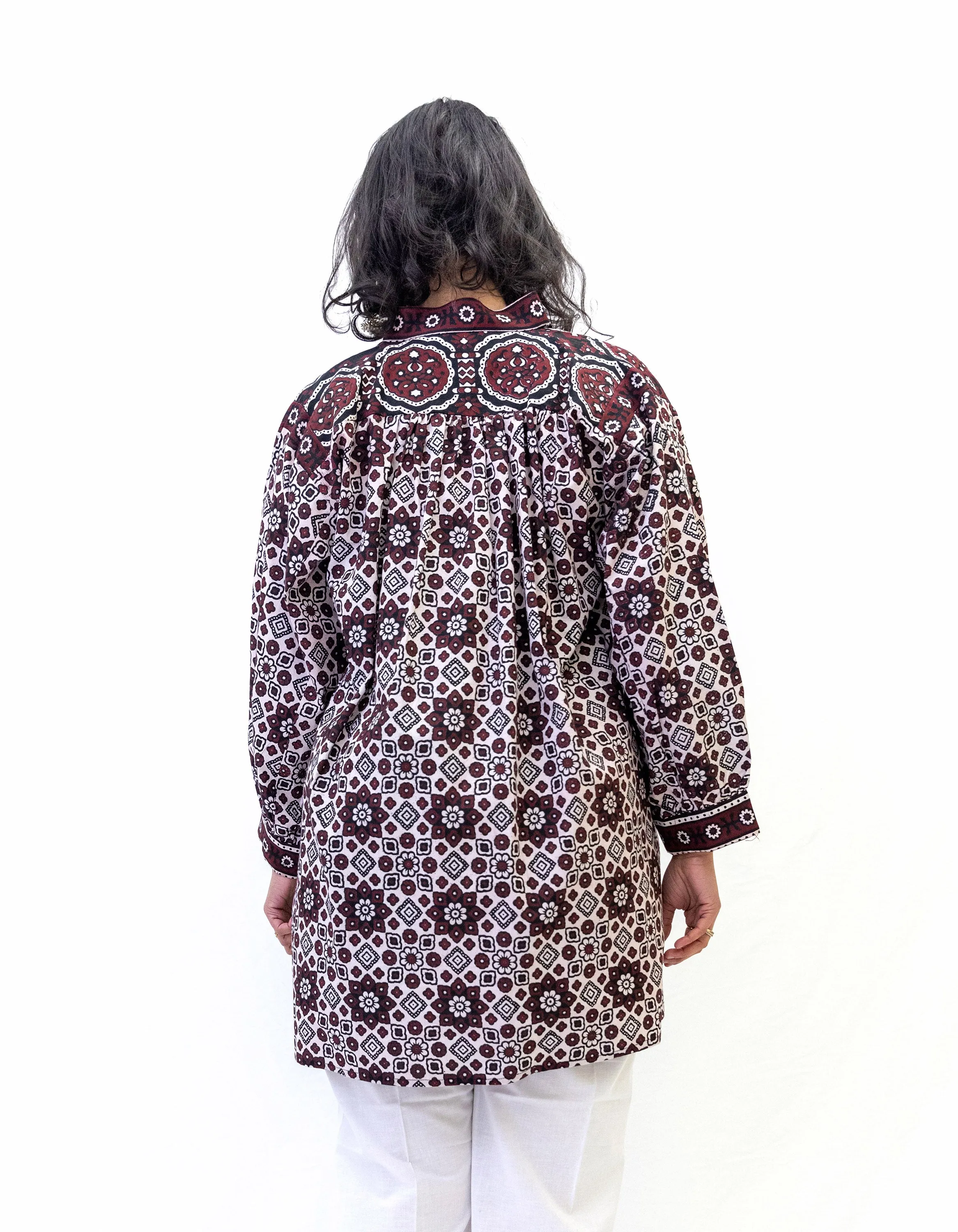 Maroon & White Cotton Kurti - Shirt