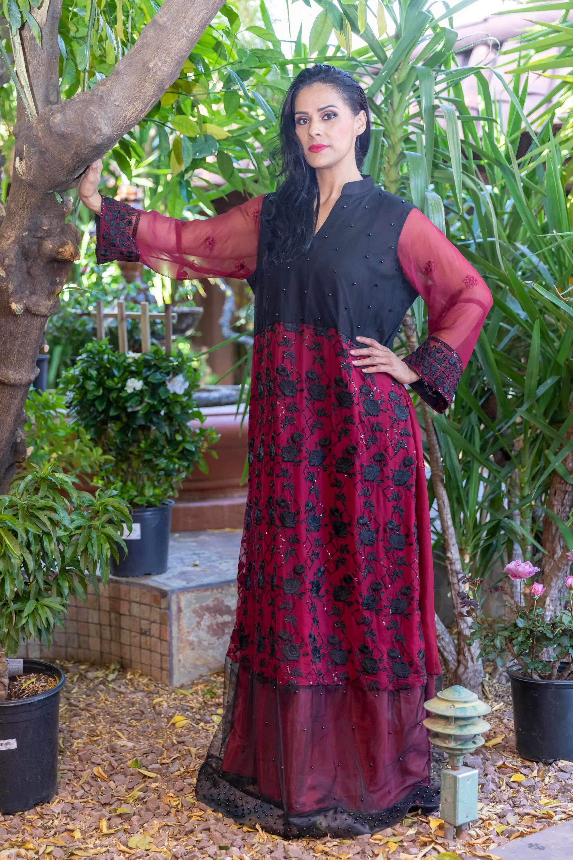 Maroon Net Gown with Embroidery & Beads