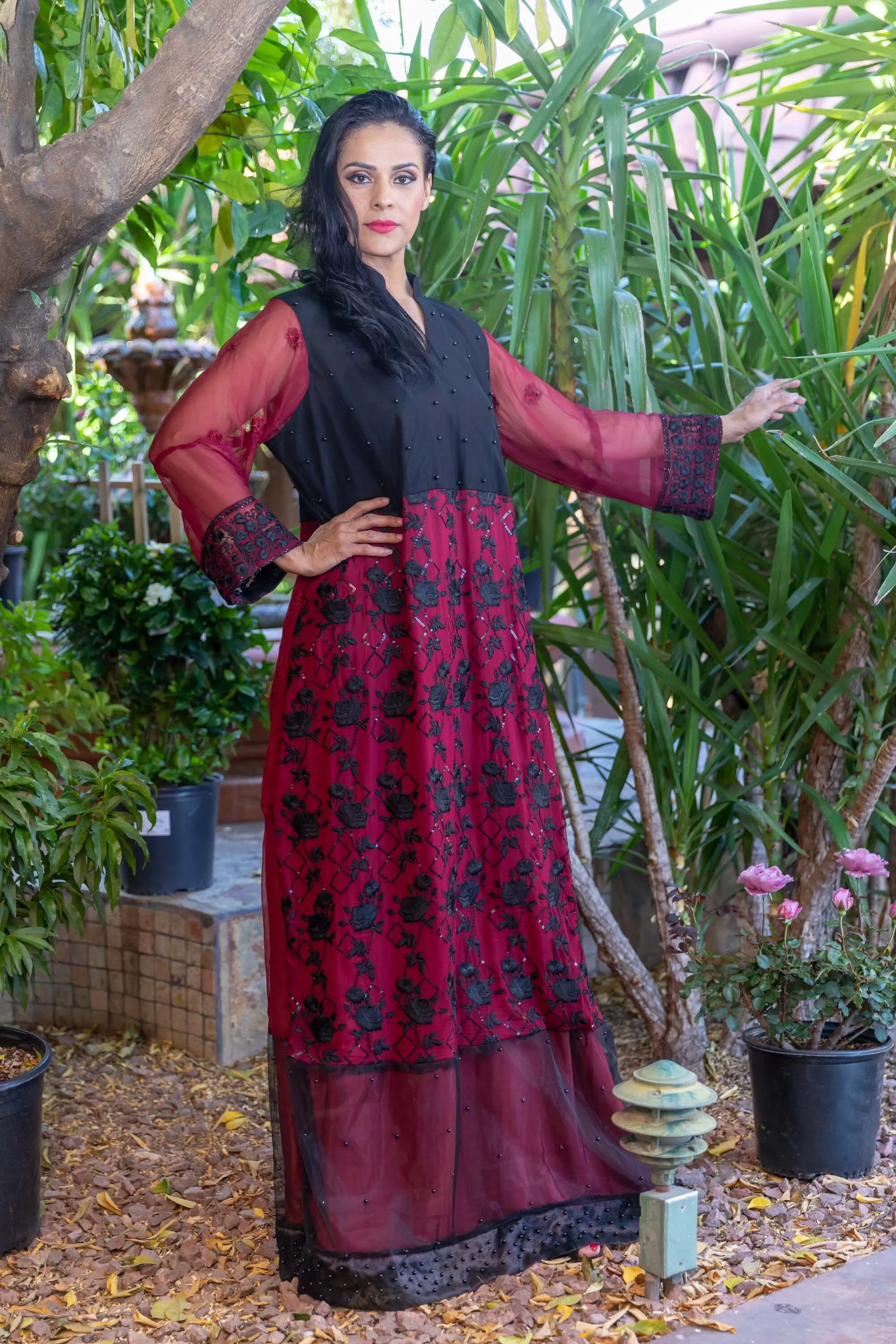 Maroon Net Gown with Embroidery & Beads