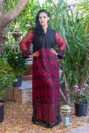 Maroon Net Gown with Embroidery & Beads
