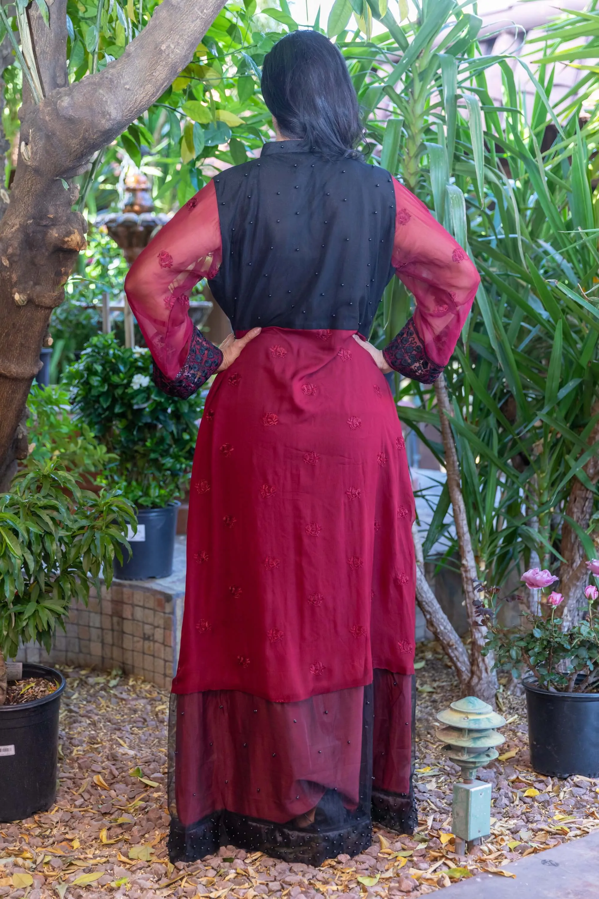 Maroon Net Gown with Embroidery & Beads