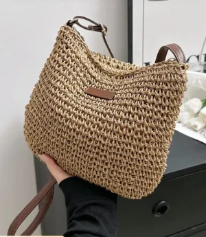 Medium Size Crossbody Woven Straw Tote Fashion Bag