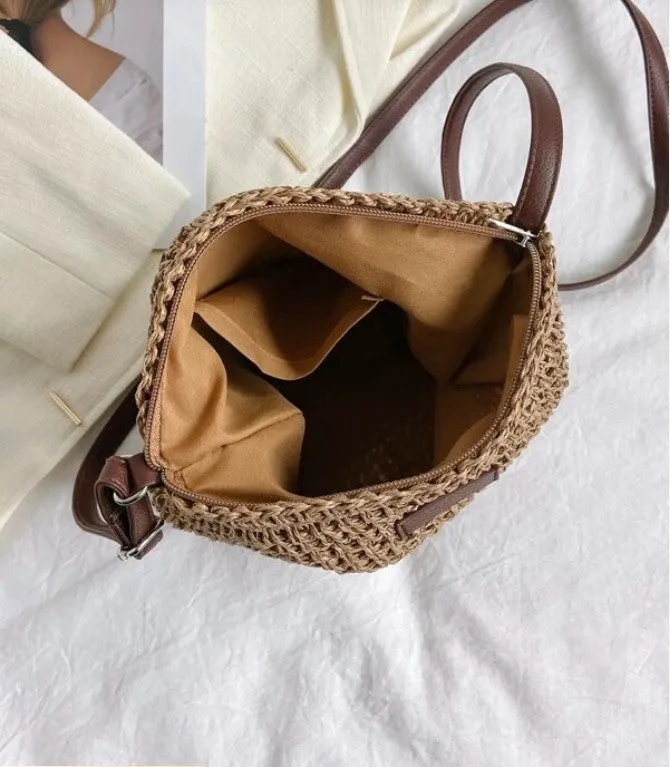Medium Size Crossbody Woven Straw Tote Fashion Bag
