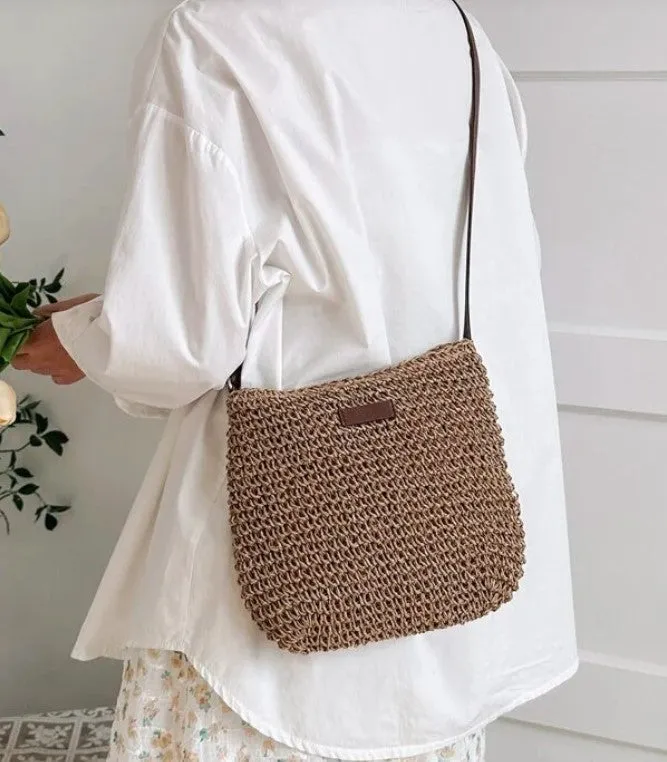 Medium Size Crossbody Woven Straw Tote Fashion Bag