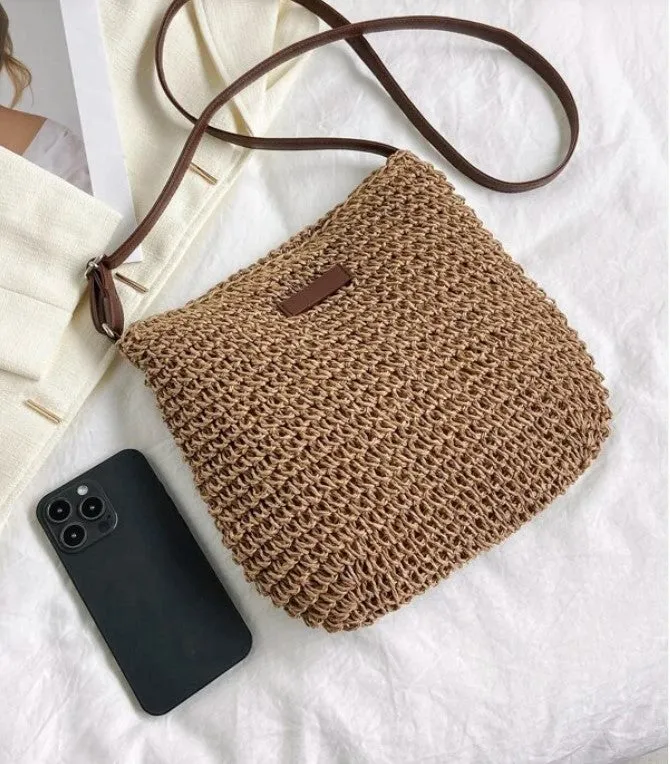 Medium Size Crossbody Woven Straw Tote Fashion Bag