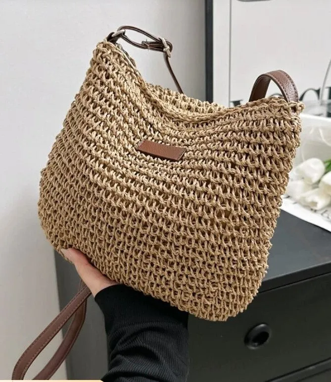 Medium Size Crossbody Woven Straw Tote Fashion Bag
