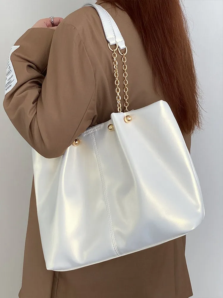 Minimalist Vegan Leather Handbag, Cute Chain Strap Shoulder Bag, Tote Bag for Women, Wide Large Capacity Oversized Handbag, Handheld Bag
