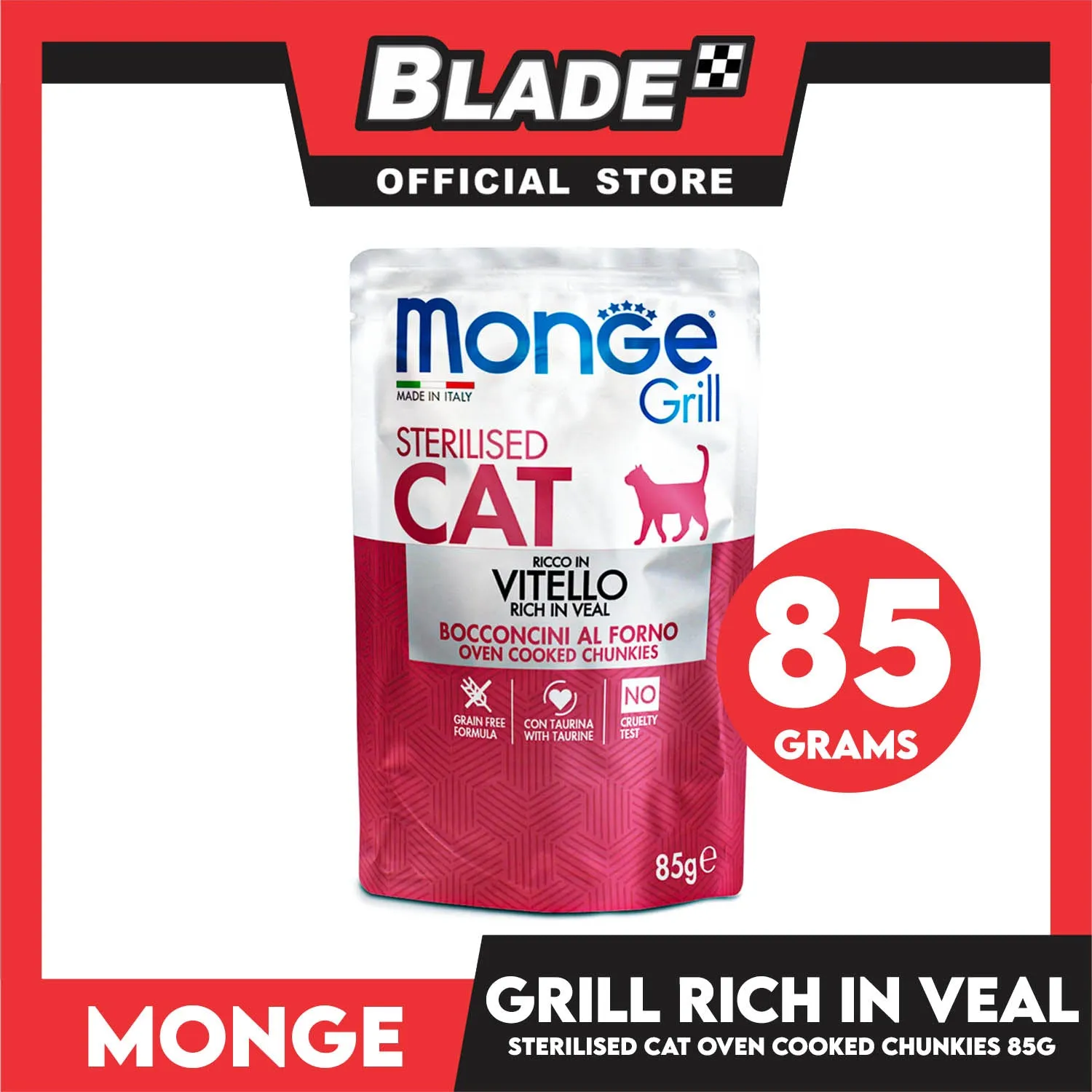 Monge Jelly Cat Pouch Grill For Sterilised Cats 85g (Vitello, Rich In Veal) Cat Wet Food, Cat Pouch Food