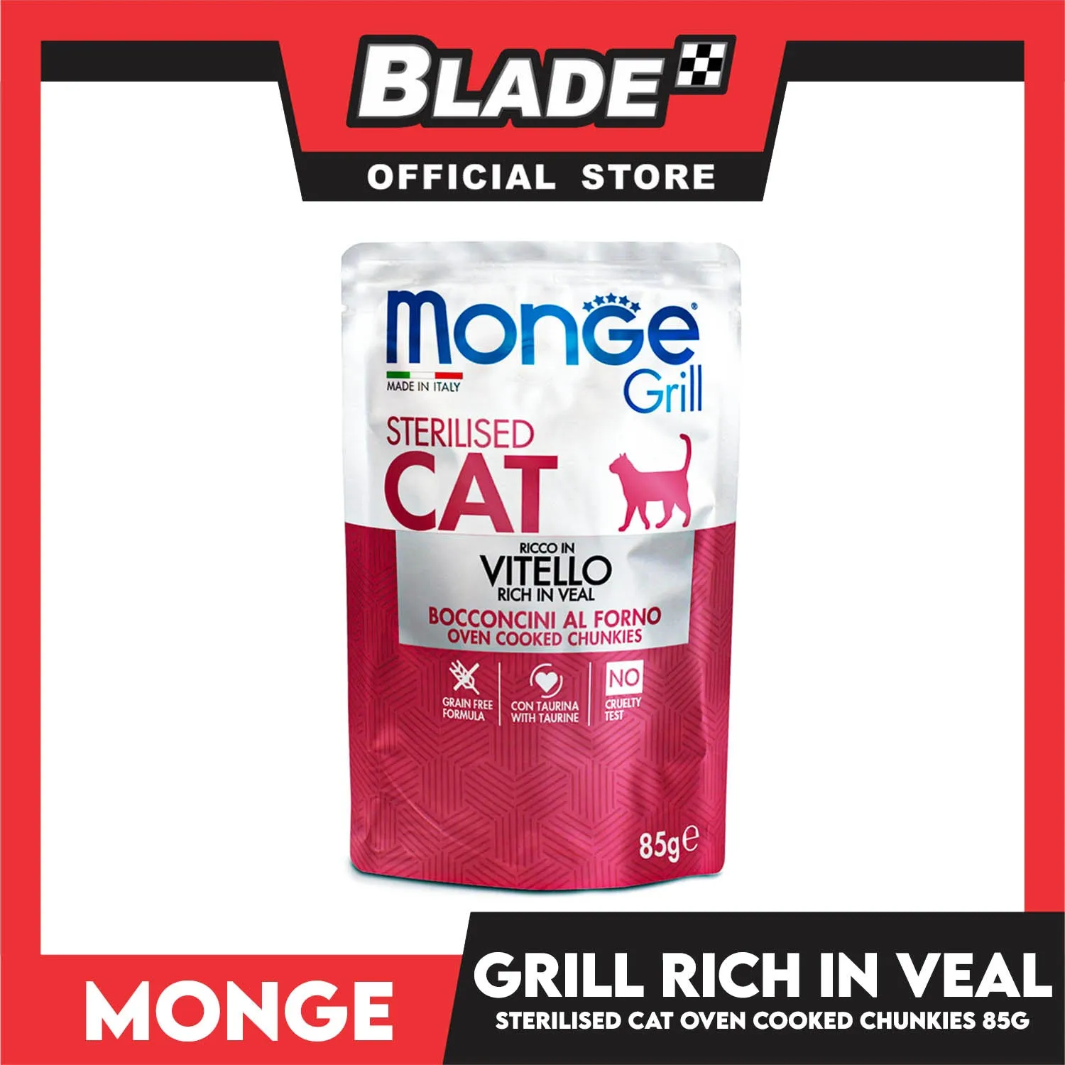 Monge Jelly Cat Pouch Grill For Sterilised Cats 85g (Vitello, Rich In Veal) Cat Wet Food, Cat Pouch Food