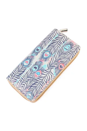 Multi Feathered Print Zipper Wallet