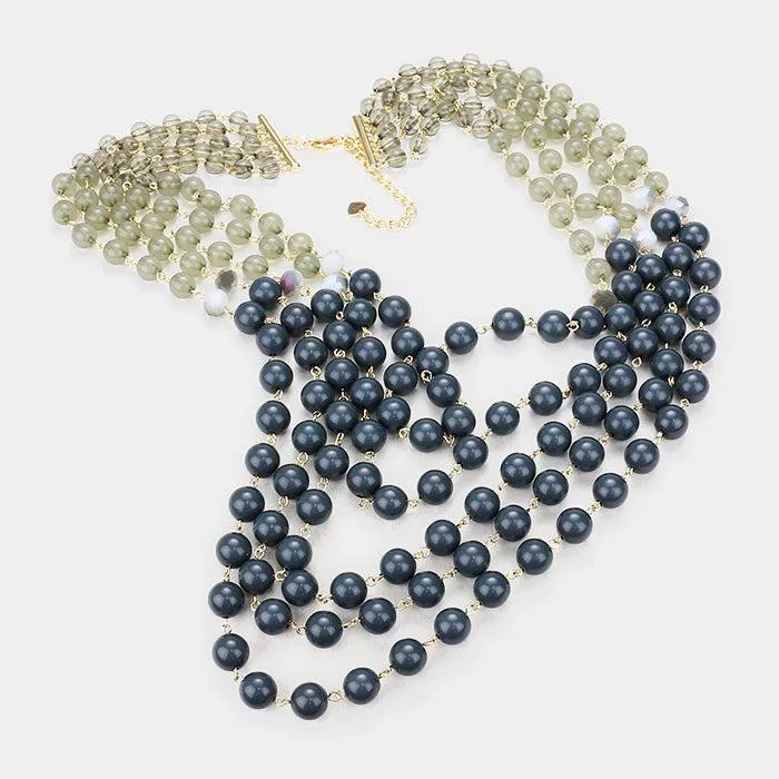 Multi Strand Gray Beaded Bib Necklace Set