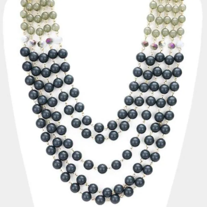 Multi Strand Gray Beaded Bib Necklace Set