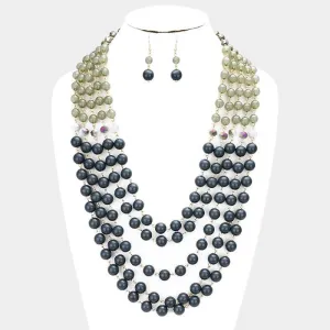 Multi Strand Gray Beaded Bib Necklace Set