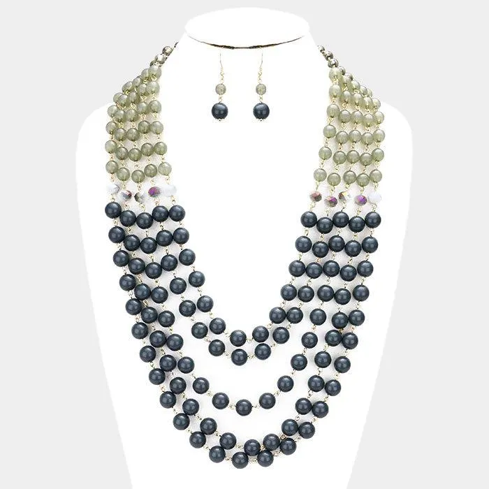 Multi Strand Gray Beaded Bib Necklace Set