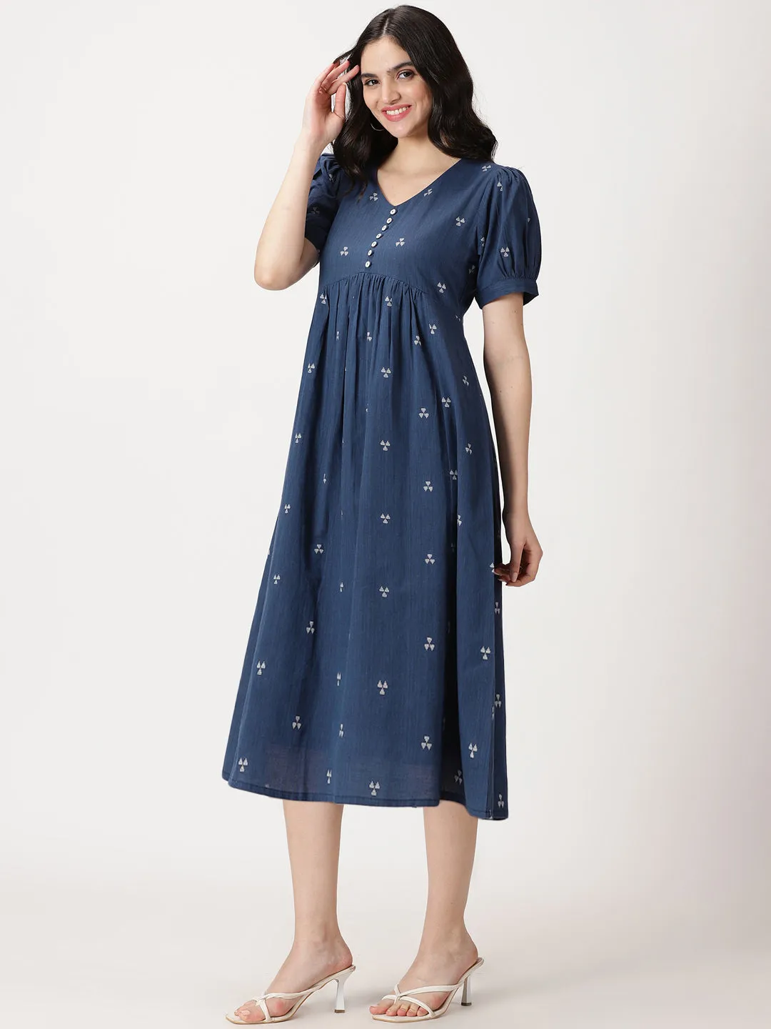 Navy Blue Woven Design Cotton Midi Dress