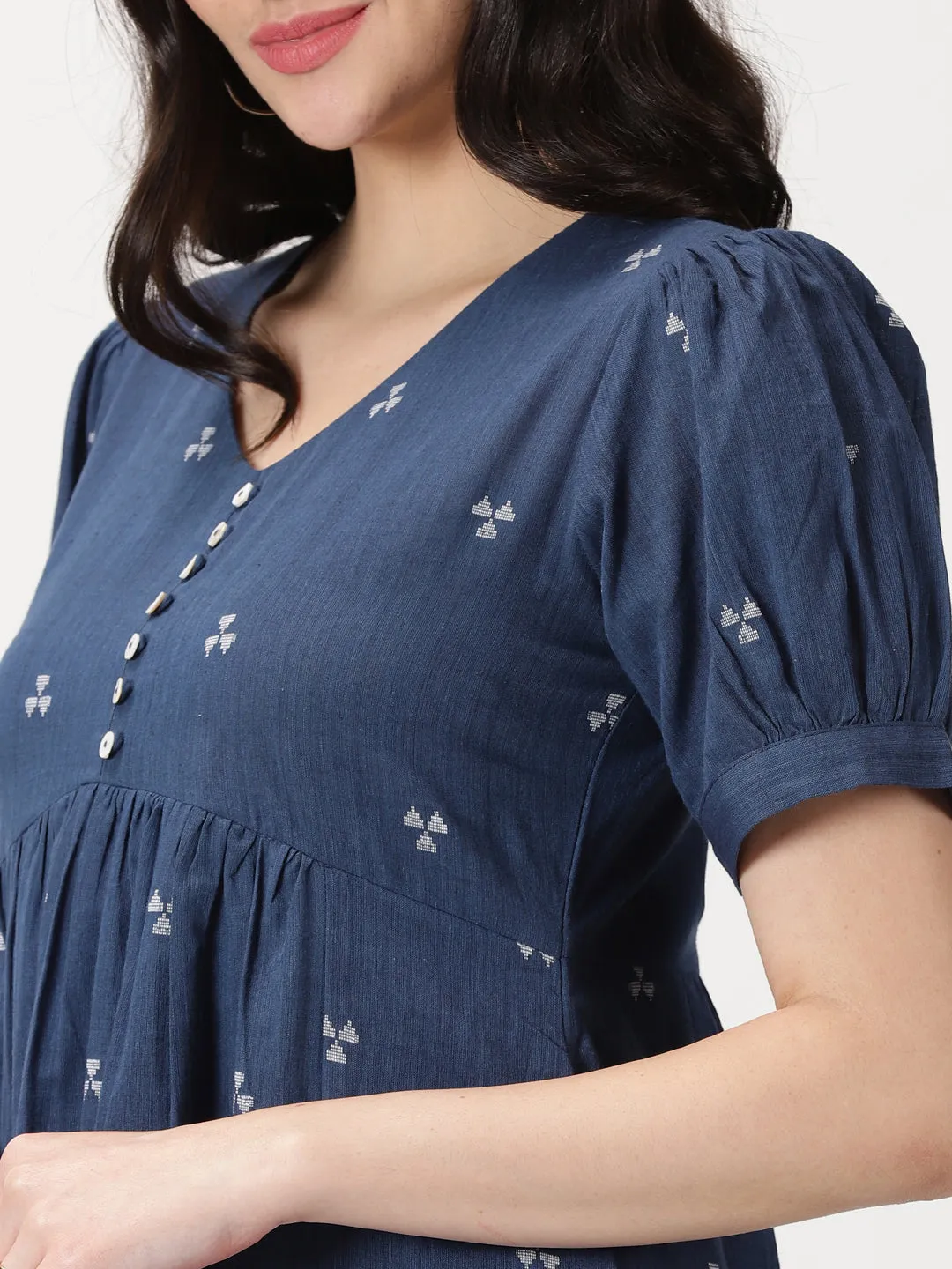 Navy Blue Woven Design Cotton Midi Dress