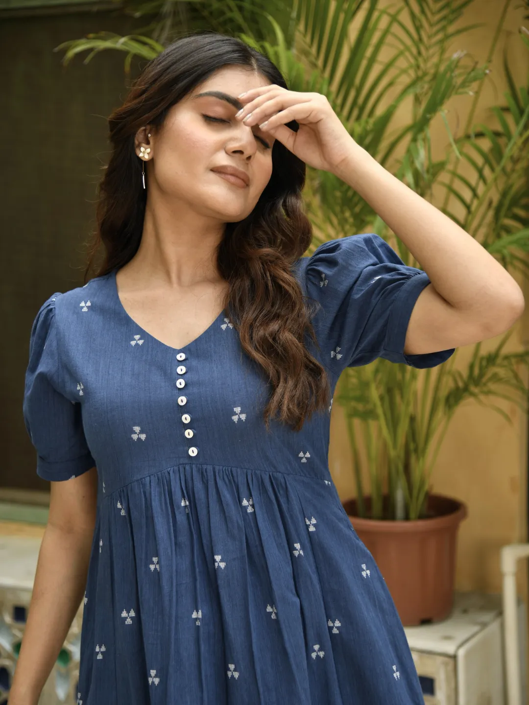 Navy Blue Woven Design Cotton Midi Dress