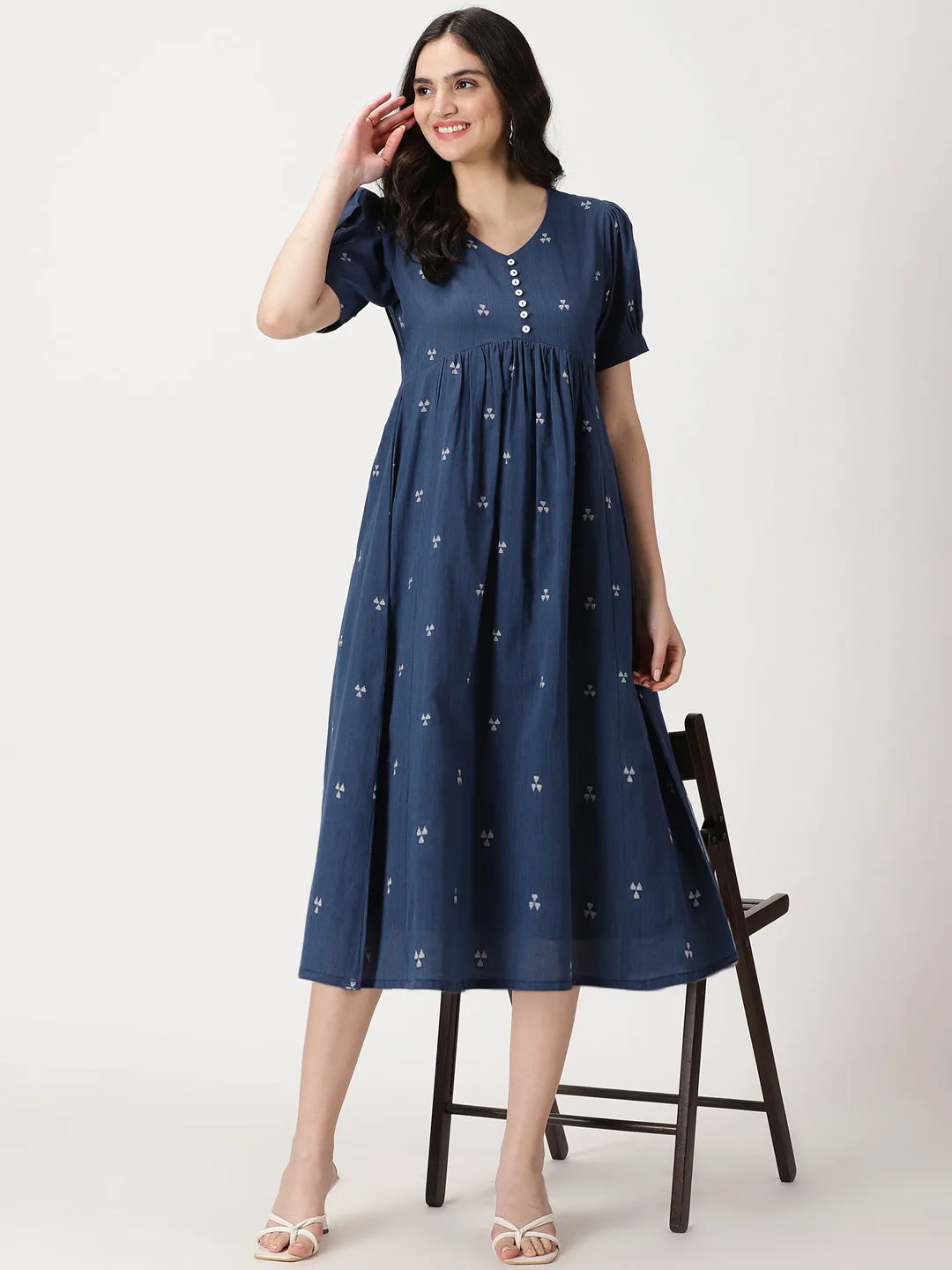 Navy Blue Woven Design Cotton Midi Dress