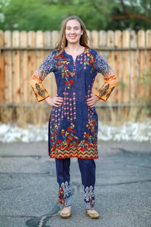 Navy Multicolored Mina Hasan Designer Lawn-Cotton